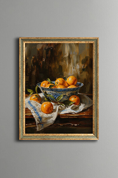 epiqart Oranges in Blue Porcelain Bowl - Vintage Patterned Painting - Fine Model