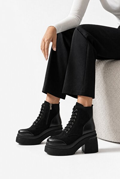 LuviShoes NORTON Siyah Süet Bağcıklı Fermuarlı Kadın Platform Topuklu Bot