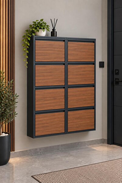 Karlı Home 4+4 Antrasit Ahşap Desenli 16 Çift Kapasiteli Şık Tasarım Metal Ay...