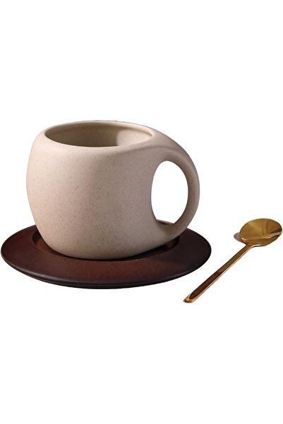 Generic 8 oz Ceramic Coffee Mug with Acacia Wood Saucer, 240 ml Unglazed Porc...