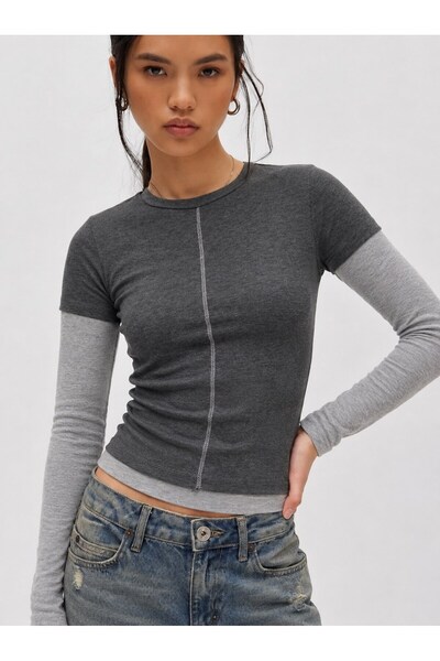CrepTekstil Women's Anthracite Gray Double Layered Long Sleeve Fit Blouse wit...