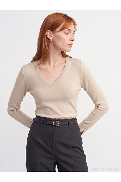 Dilvin 10427 V Neck Slit Sweater