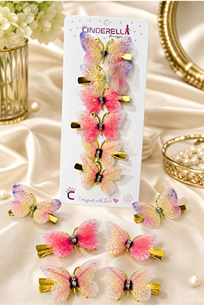 Cinderella Accessories 6'lı Özel Seri Tül Kanatlı Taşlı Kelebek Toka Seti 5cm...