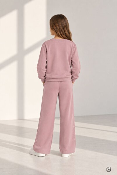 CansınMini Pink Girls' Wide-Leg Pants and Stone Detailed Badili Tracksuit Set 24951