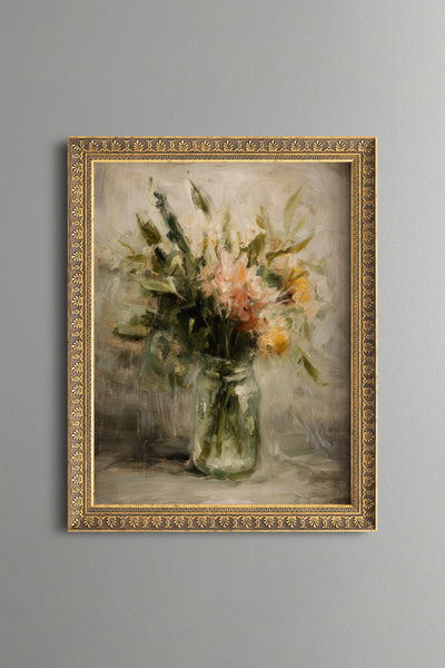 epiqart Flower Bouquet in Glass Vase - Vintage Patterned Tabletop - Fine Model