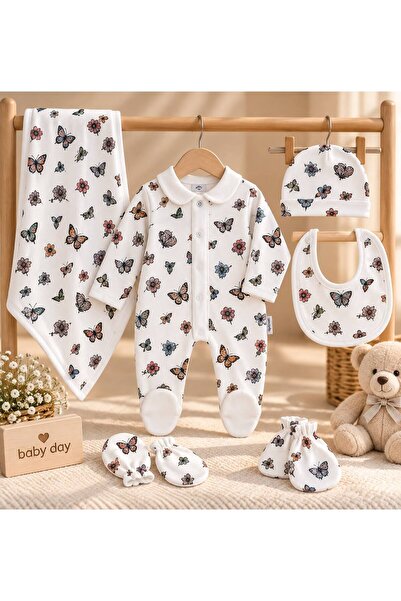 Baby day طقم استقبال مواليد بنات 6 قطع من بتفاصيل الفراشات والدانتيل - ملابس ...