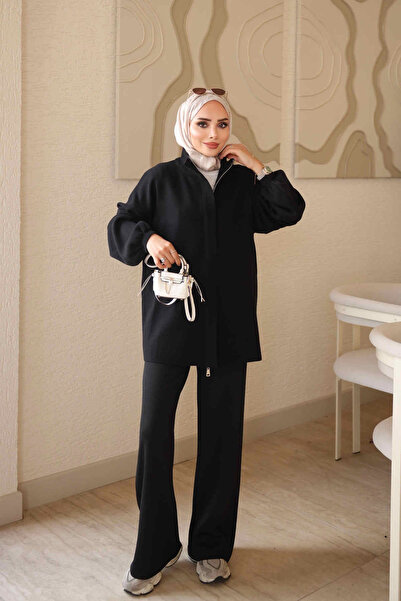 İmajButik Black Zippered Corsman Cardigan and Trousers Knitwear Set