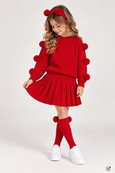 CansınMini Red Girl's 4-Piece Set with Pompom Socks, Bandana, Knitwear, Sweater and Skirt 24947