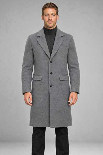 Montland Erkek Gri Slim Fit Kaşe Kaban Klasik Yaka Düğmeli Uzun Kesim Kışlık ...