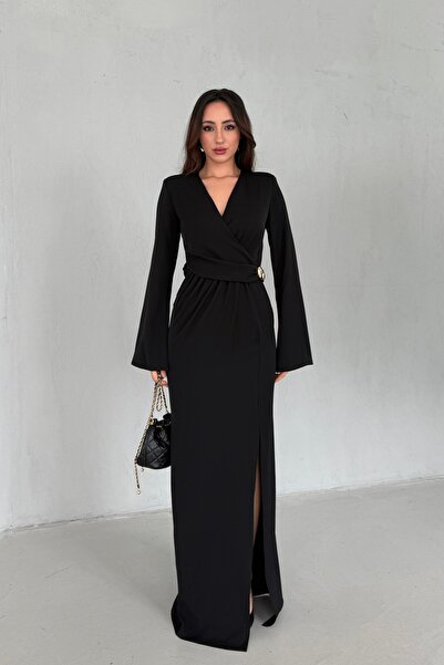 Serica Moda Μαύρο μακρύ φόρεμα με διπλό στήθος και χρυσά κουμπιά με λεπτομέρε...