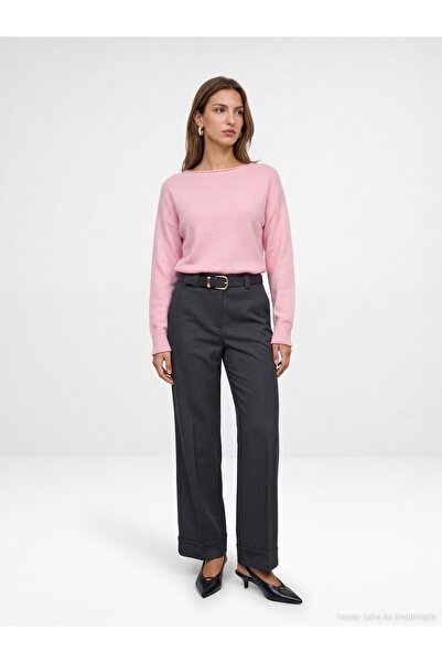 Dilvin 10854 Boat Neck Soft Textured Sweater-Powder Pink