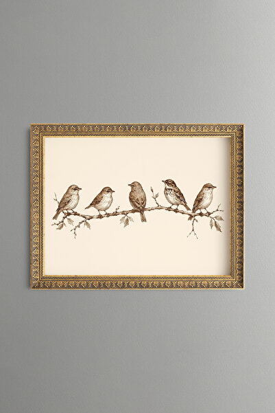 epiqart Five Sparrows on a Branch - Vintage Patterned Painting - Fine Model