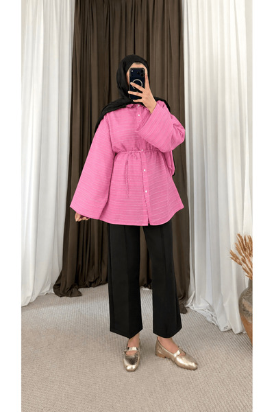 Hepsi Moda Biye Kemerli Çizgili Tunik - Pembe