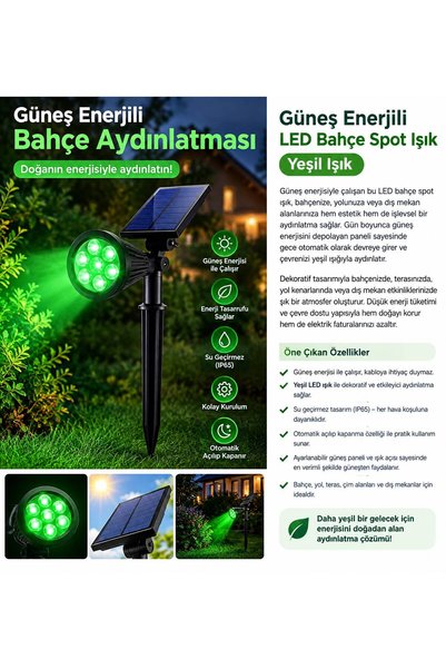 gaman Güneş Enerjili Yeşil Işıklı LED Bahçe Spotu Solar Çim Aydınlatma