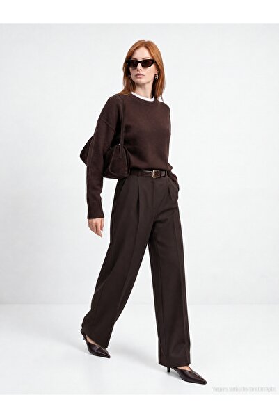 Dilvin 10886 Wool Blend Crew Neck Sweater-Dark Brown