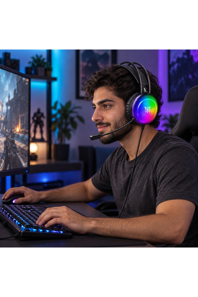 Onikuma سماعة رأس سلكية للألعاب X29 RGB مع ميكروفون، ومشغلات صوت 50 مم ووسائد أذن مبطنة، باللون الأسود