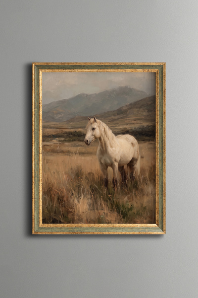 epiqart White Horse at the Edge of the Mountains - Vintage Patterned Painting...