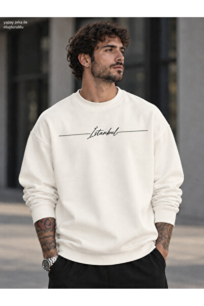 caddekombin Men's Istanbul Handwritten Striped Typographic Printed Crew Neck ...