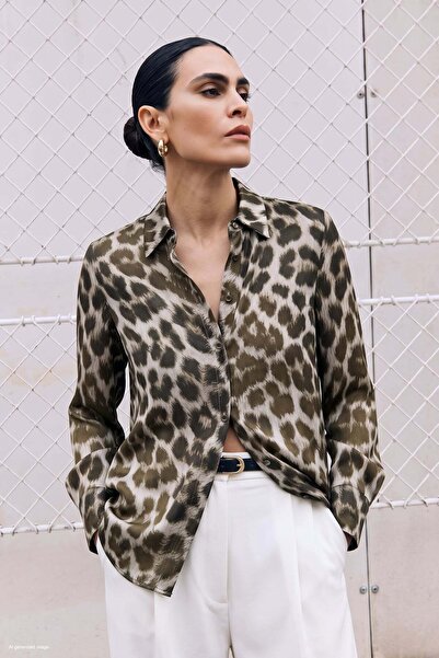Sateen Leopard Patterned Classic Shirt - Brown