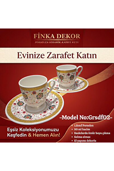 2'Li Çiçek Desen Altın Motifli Porselen Türk Kahvesi Fincan Takımı