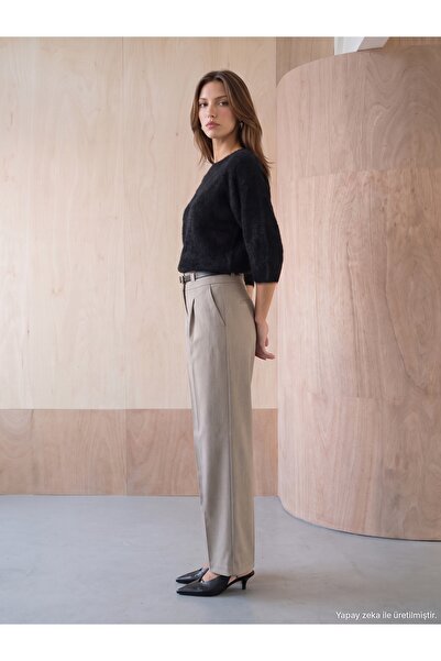 Dilvin 72803 Belted Pleated Trousers-Beige