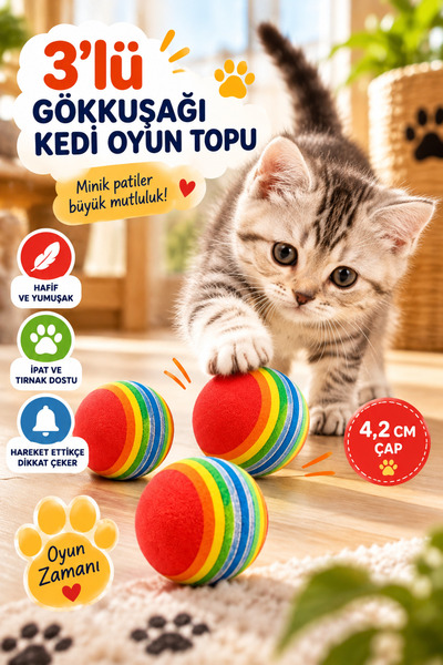 House Bird 3'lü Gökkuşağı Kedi Oyun Topu 4,2 cm Hafif Yumuşak Renkli Eğlencel...