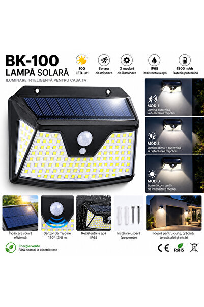 Generic Brand Ηλιακό φωτιστικό εξωτερικού χώρου BK-100, 100 LED, αισθητήρας κ...