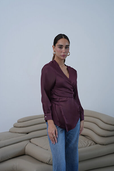 roea Satin Blouse with Tie Detail, Plum
