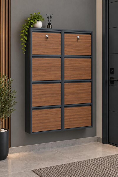 Karlı Home 4+4 Kilitli Antrasit Ahşap Desenli 16 Çift Kapasiteli Şık Tasarım ...