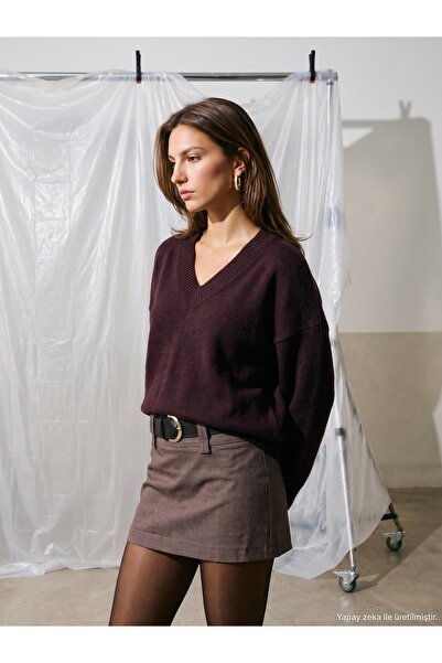Dilvin 10888 Wool Blend V-Neck Sweater-Purple