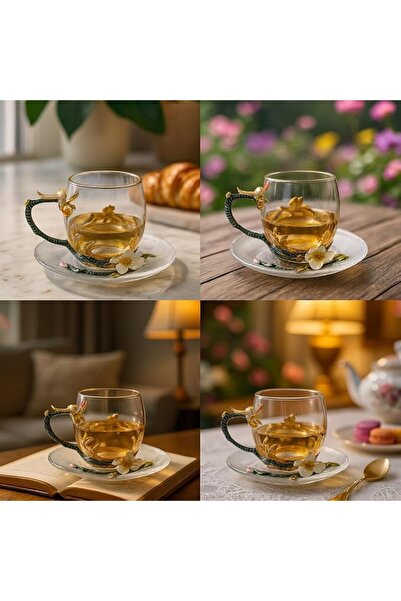 B&D Decorative Glass Tea Cup and Saucer Set with Gold Bird and Floral Design