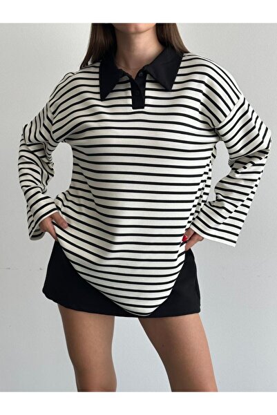 ZF BUTİK Yaka Detaylı Çizgili Oversize Polo Yaka Tunik