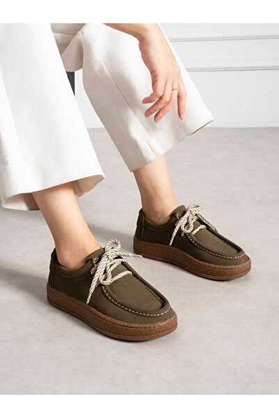 ALEMDAR AYAKKABI Aveli̇ne Green Genuine Leather Lace-Up Women's Shoes
