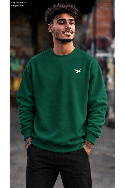 caddekombin Men's Minimal Tan Eagle Figure Printed Crew Neck Casual Regular F...