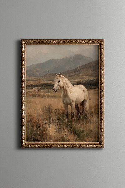 epiqart White Horse at the Edge of the Mountains - Vintage Patterned Painting...