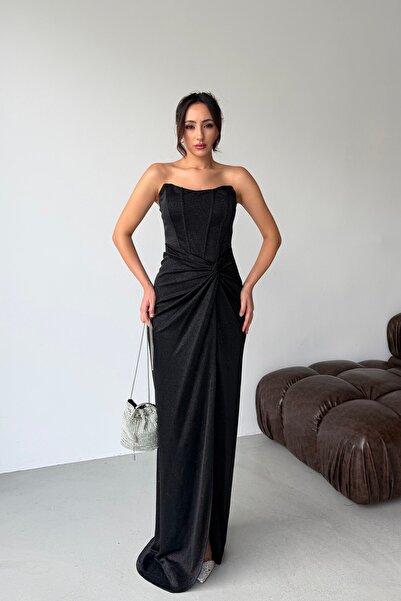 Serica Moda Siyah Straplez Balenli Simli Uzun Abiye Elbise