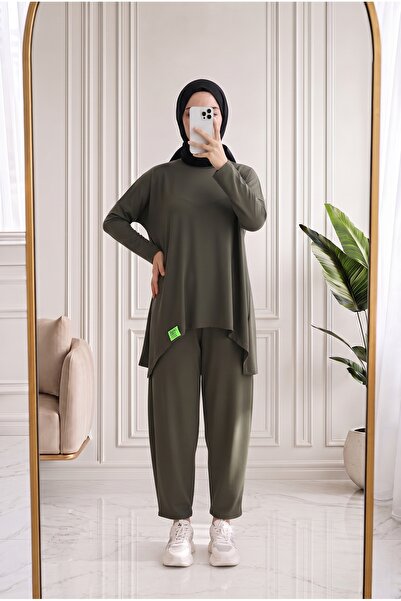 MİHRA STORE Ceylinur Short Front Long Back Embroidered Trouser Suit-Mf1927 Khaki