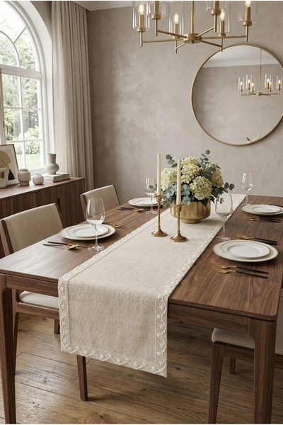 Santara Elegance Lace-Embellished Cappuccino Linen Runner 35 X 140 cm