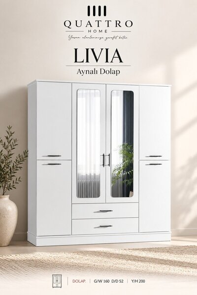 QUATTRO HOME Livia 4 Kapaklı Aynalı 2 Çekmeceli Gardırop