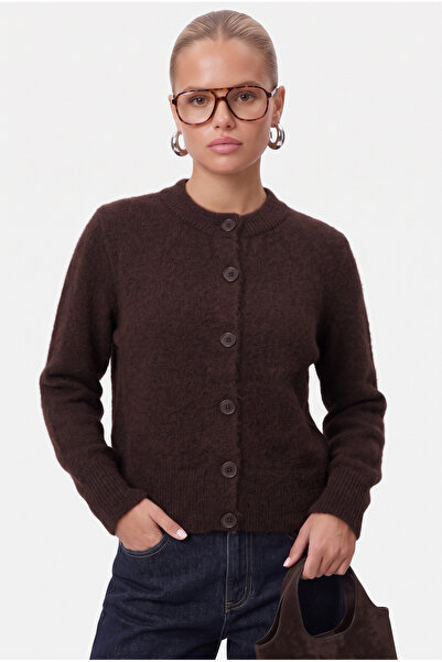 Ritnice Women's Warm Soft Textured Basic Brown Knitwear Cardigan