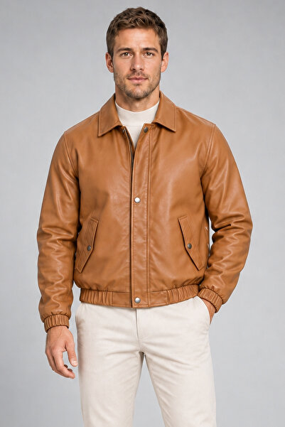 Montland Men's Tan Zippered Leather Jacket with Snap Fasteners and Elastic Waist