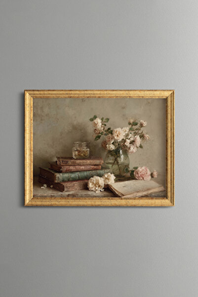 epiqart Roses among Old Books - Vintage Patterned Painting - Fine Model