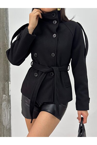 MODA DURAĞI Arven High Collar Belted Short Lining Kashmir Coat Black