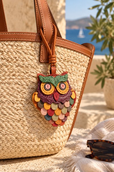 Nua Bags Hakiki Deri Baykuş Figürlü Çanta Charmı – El Yapımı Renkli Çanta Aks...