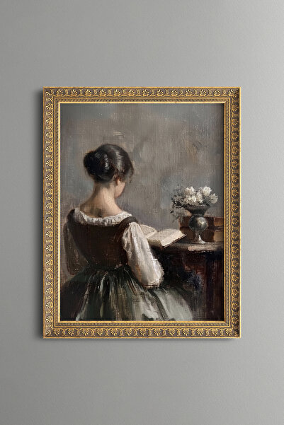 epiqart Young Woman Reading a Book - Vintage Patterned Painting - Slim Model