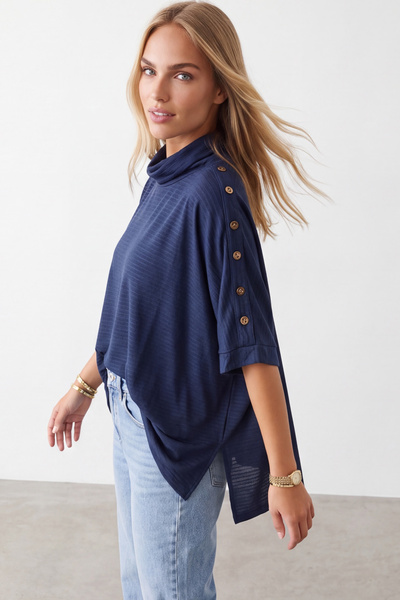 Trend Alaçatı Stili Bluză tricotată tip poncho, albastru marin, cu guler înalt și nasturi, pentru femei Alc-X15866