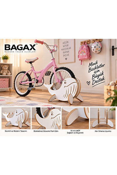 BAGAX MDF Çocuk Bisiklet Standı 14-16-20 Jant Uyumlu – Balina Tasarımlı Bisik...