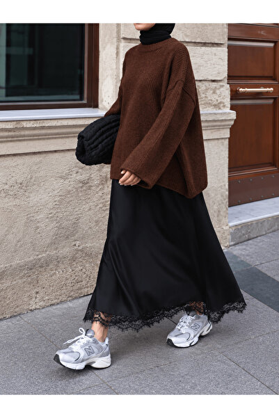 Hepsi Moda Simli Basic Kayık Yaka Triko Kazak - Kızıl Kahve