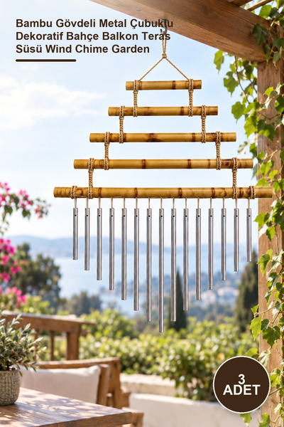 Yenilig 3 Adet Rüzgar Çanı – Bambu Gövdeli Metal Çubuklu Dekoratif Bahçe Balkon Teras Süsü Wind Chime Garden