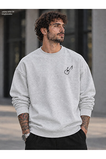 caddekombin Men's Chest Emblem Guitar Note Line Graphic Printed Crew Neck Cas...
